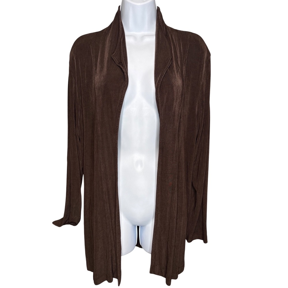 Chicos Travelers Womens Brown Liquid Knit Open Front Cardigan Sz 2/L Modern Chic